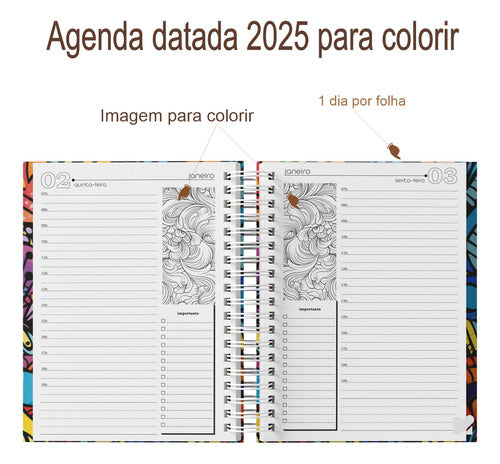Agenda 2025 Coloring - 1 Dia Por Página Com Horário Capa Dura